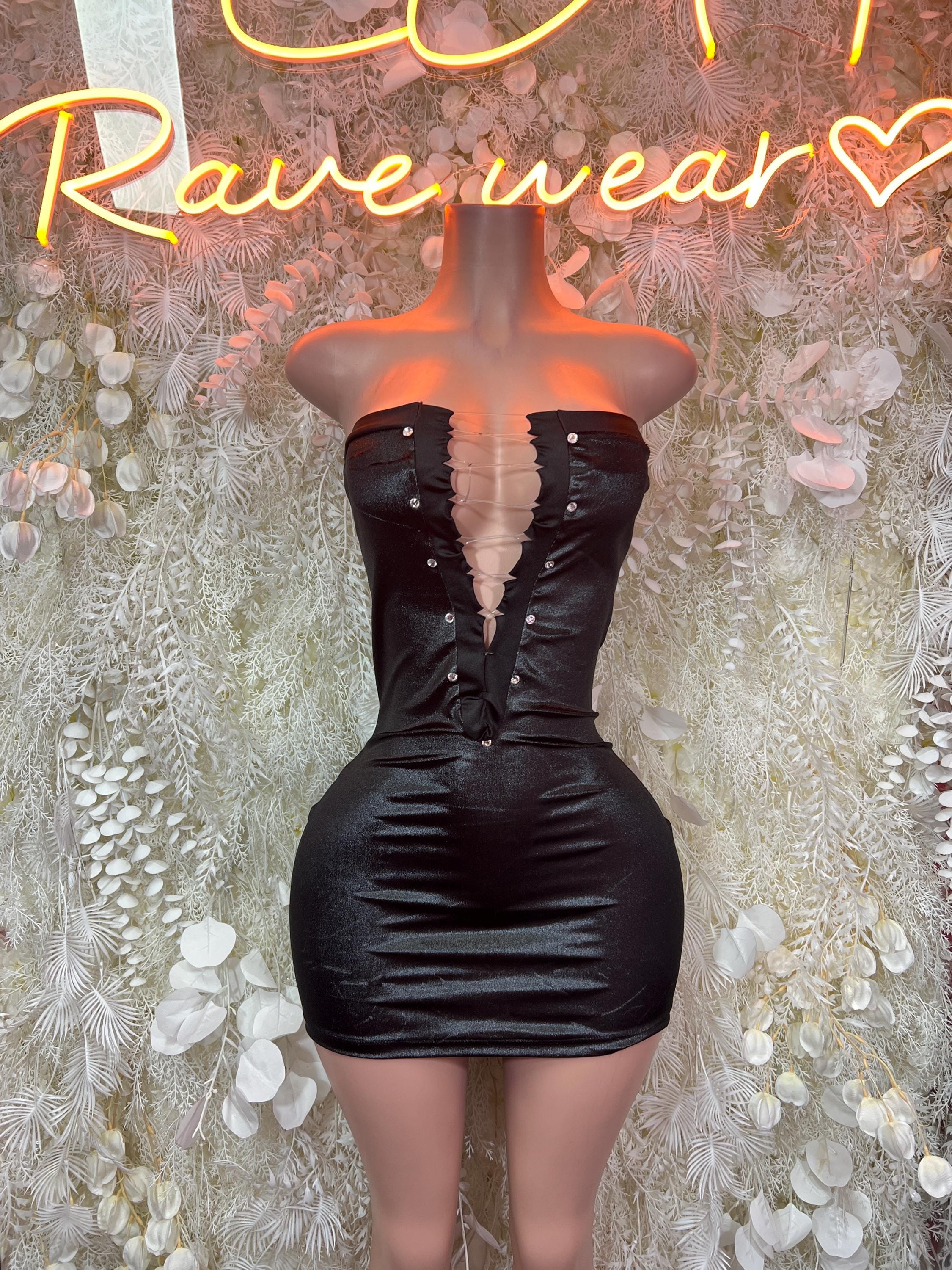 Black satin corset mini dress with lace-up front and bust cups