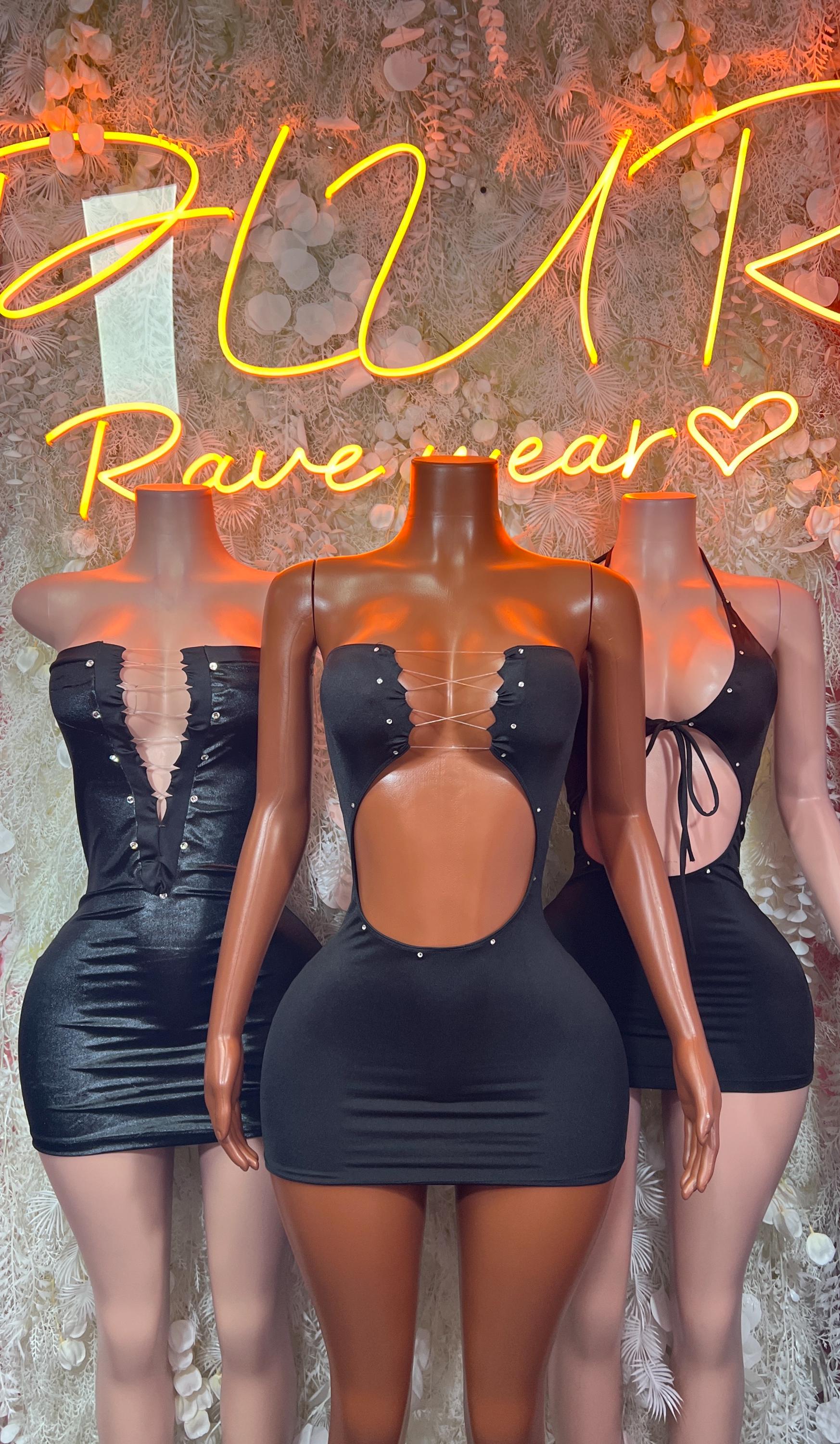 Black mini cutout rave dress with corset-style front panels, bodycon fit