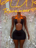 Black cutout mini rave dress with strapless look and underbust cutout front
