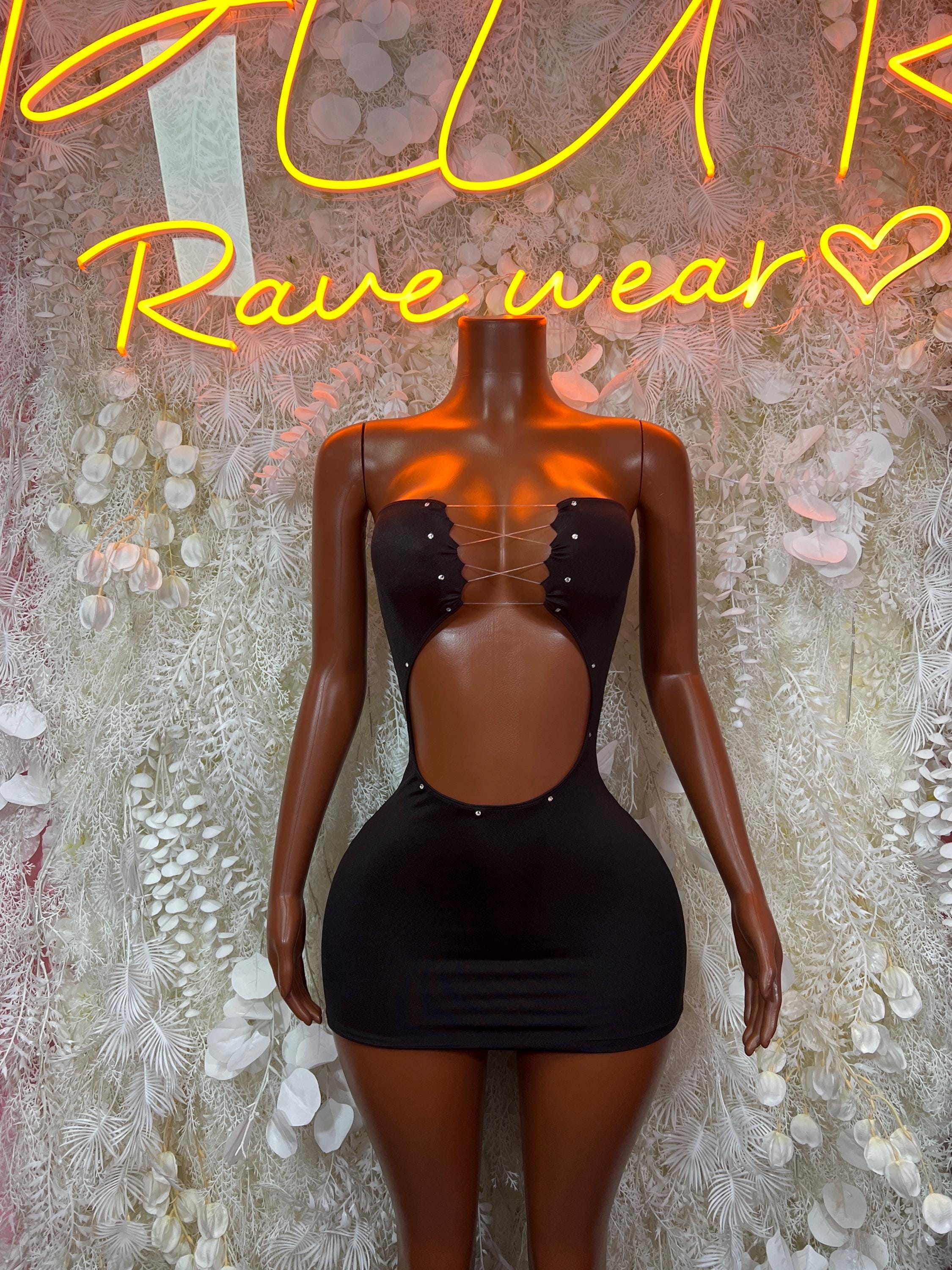 Black cutout mini rave dress with strapless look and underbust cutout front
