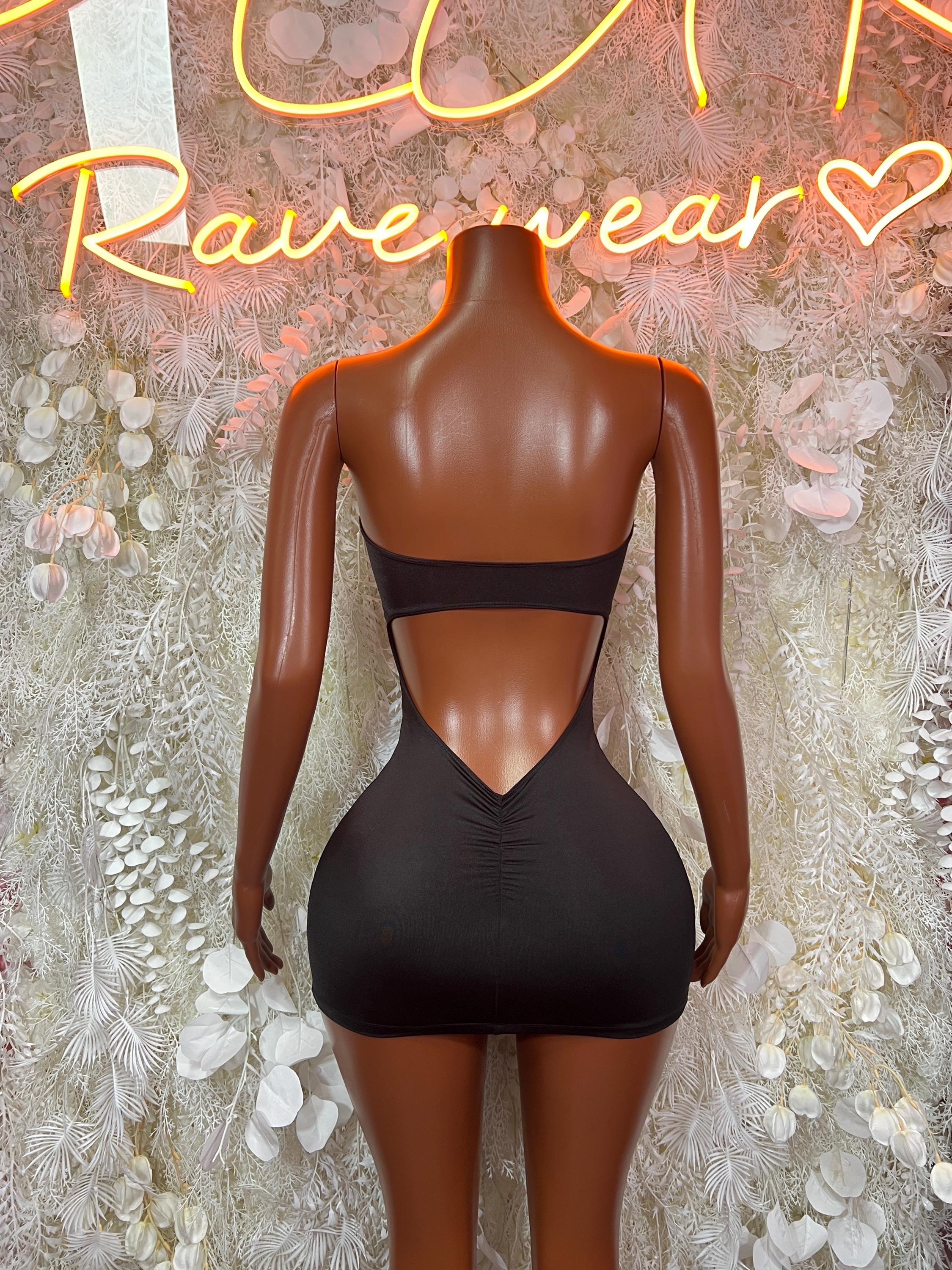 Black cutout mini rave dress, backless with V-shaped cutout on back