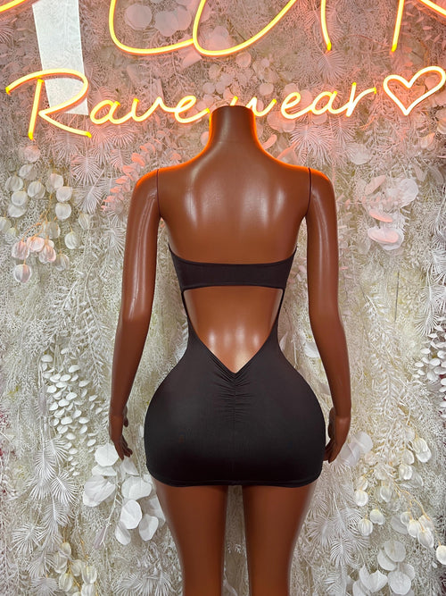 Black cutout mini rave dress, backless with V-shaped cutout on back