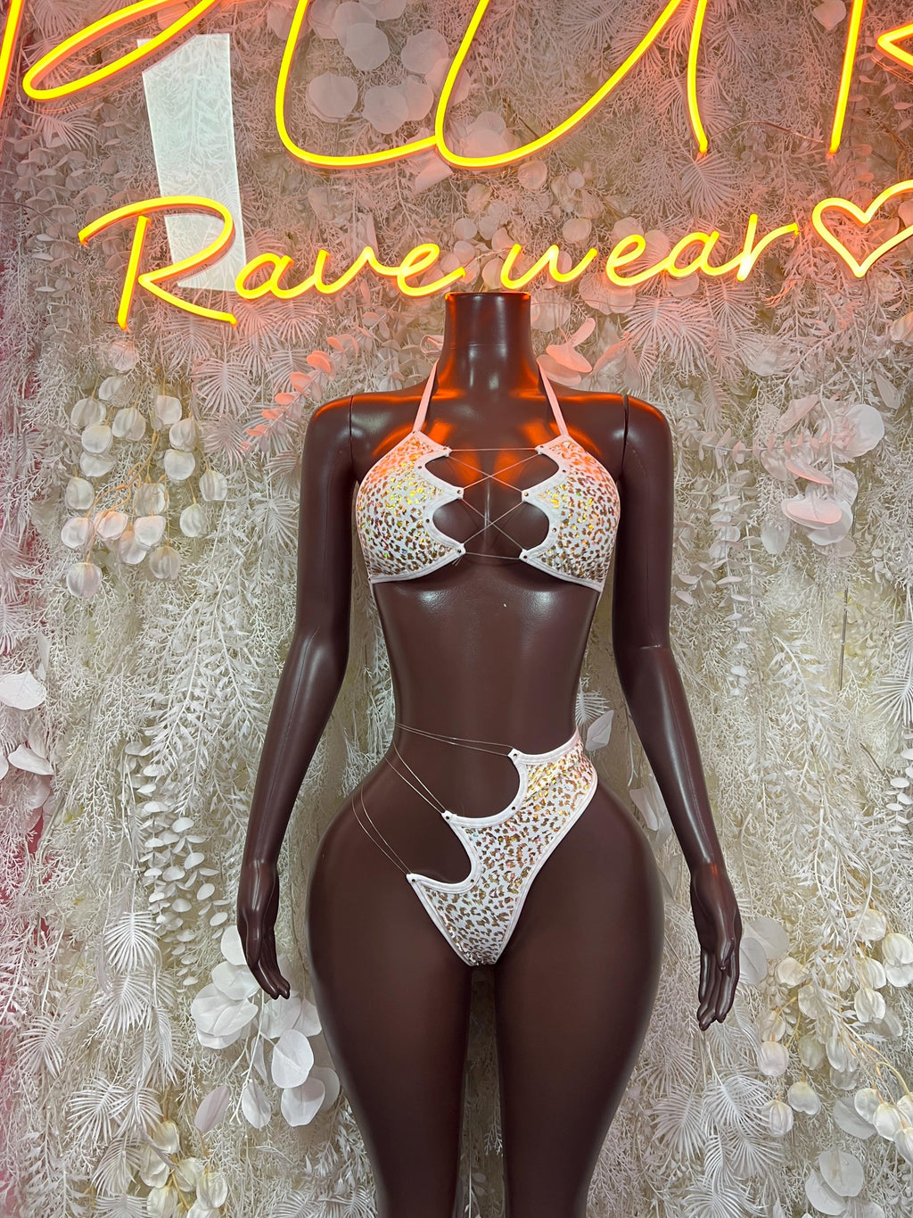 Gold cheetah print two-piece dancewear set with tie-back halter bra and thong