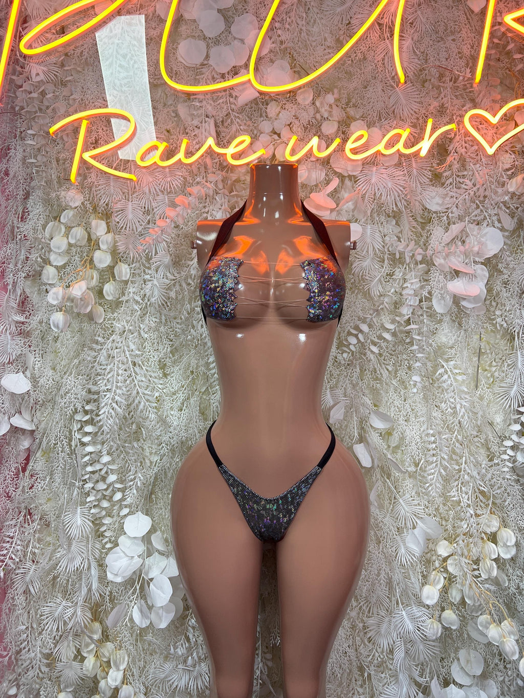 Two-piece dance costume set with blue sequin halter bra and matching thong bottom