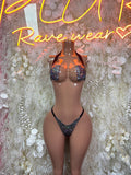 Two-piece dance costume set with blue sequin halter bra and matching thong bottom