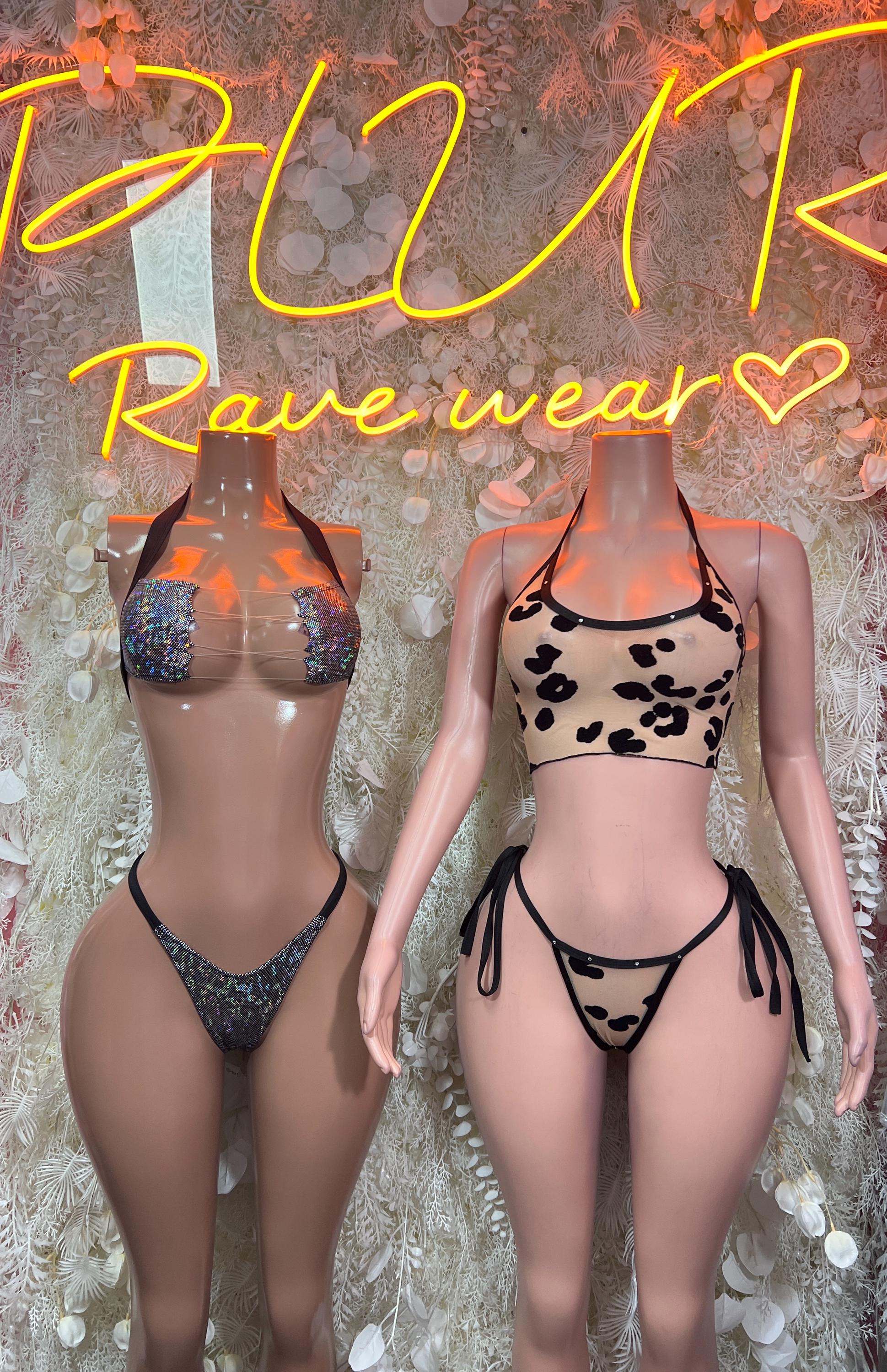 Two-piece dance costume set front and back views: blue sequin halter top and thong