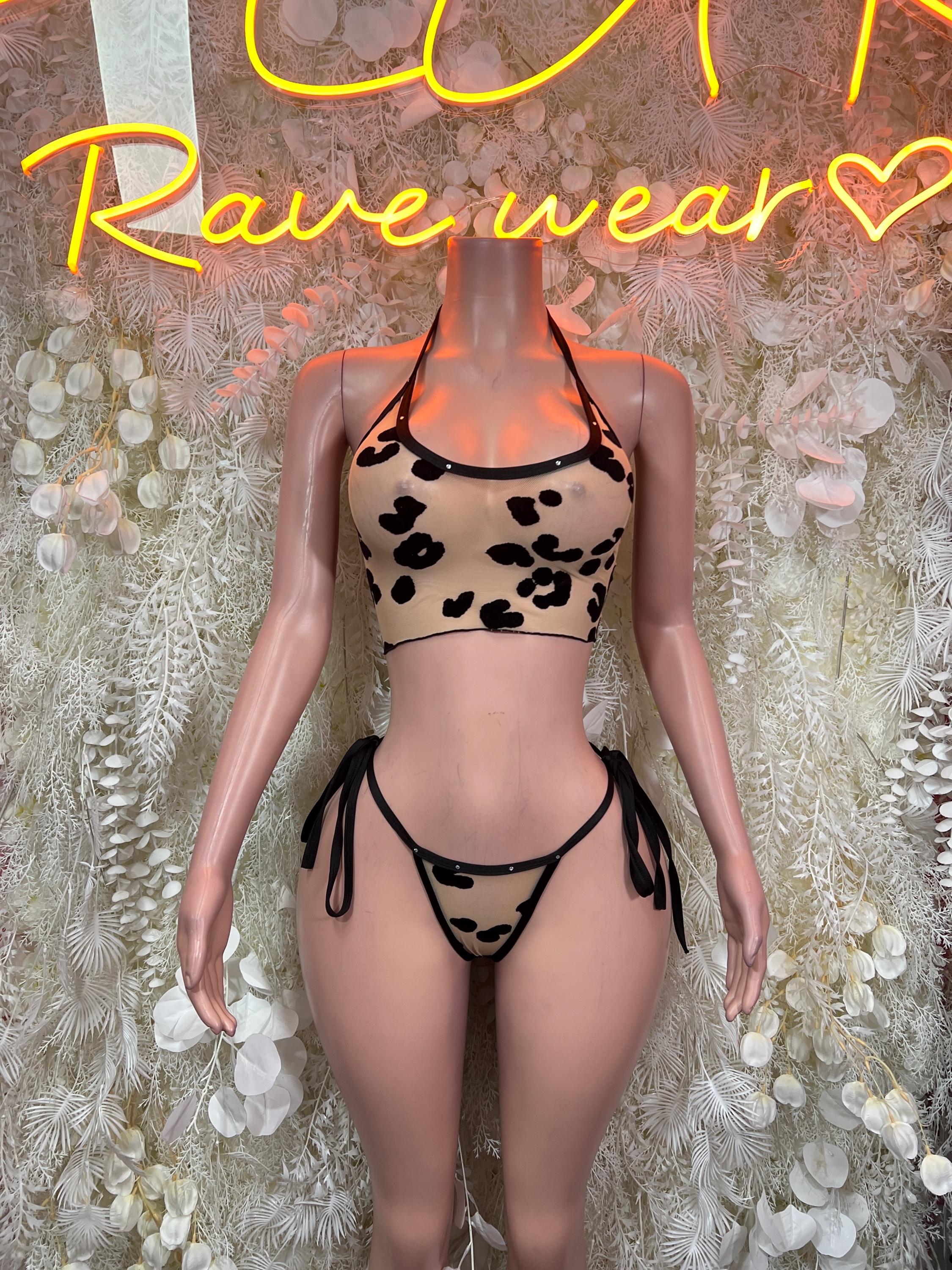Leopard-print halter crop top and tie-string thong set, black and beige