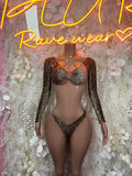 Snake-print two-piece bodysuit set with long sleeves and high-cut thong bottom