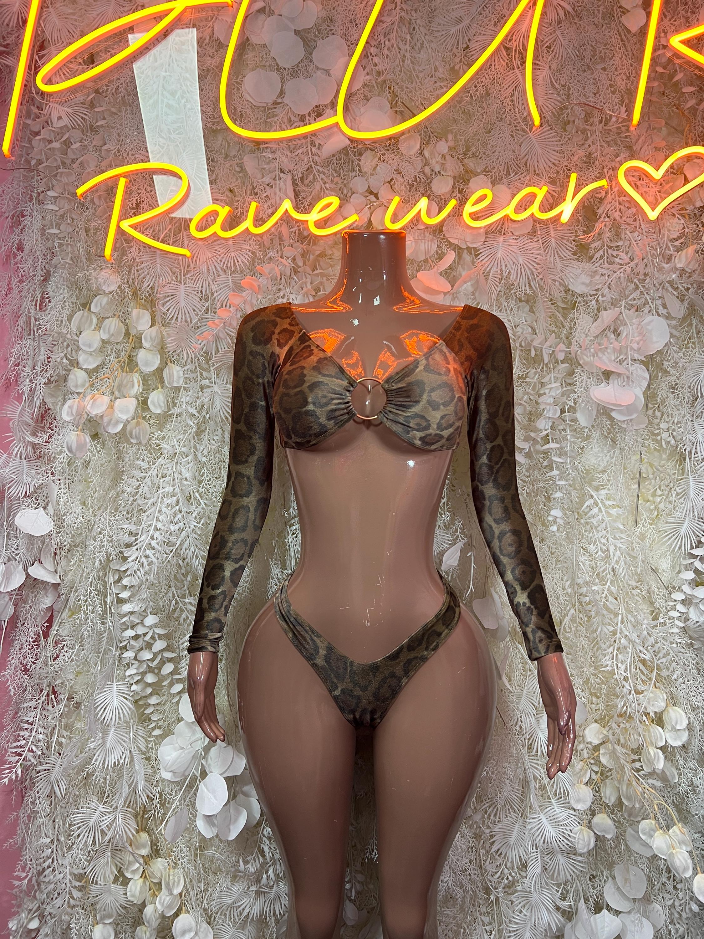Snake-print two-piece bodysuit set with long sleeves and high-cut thong bottom