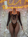 Leopard print one-piece bodysuit with long sheer sleeves and back lace-up cutout