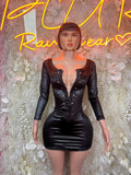 Black satin long-sleeve mini dress with sweetheart neckline and button-front detailing
