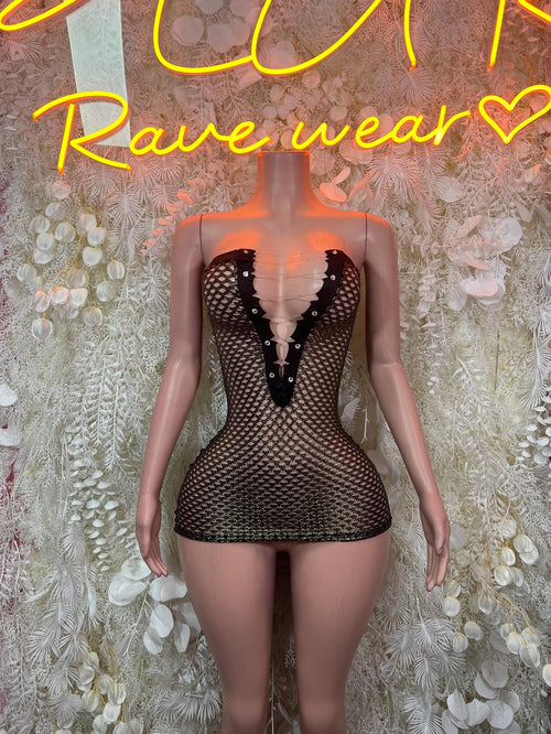 Black fishnet mini dress with deep V neckline and scalloped trim on mannequin