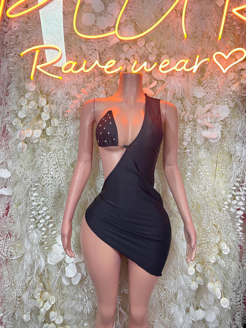 Black sleeveless cutout mini dress with draped front and halter neckline
