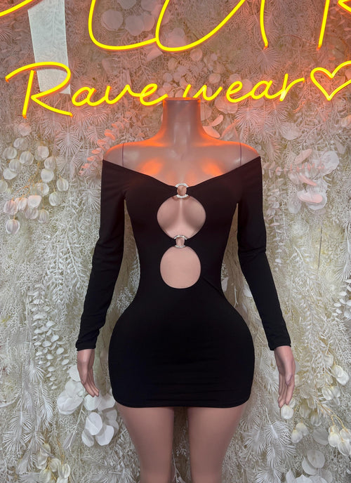 Black long-sleeve bodycon dress with central oval cutout and ring detail