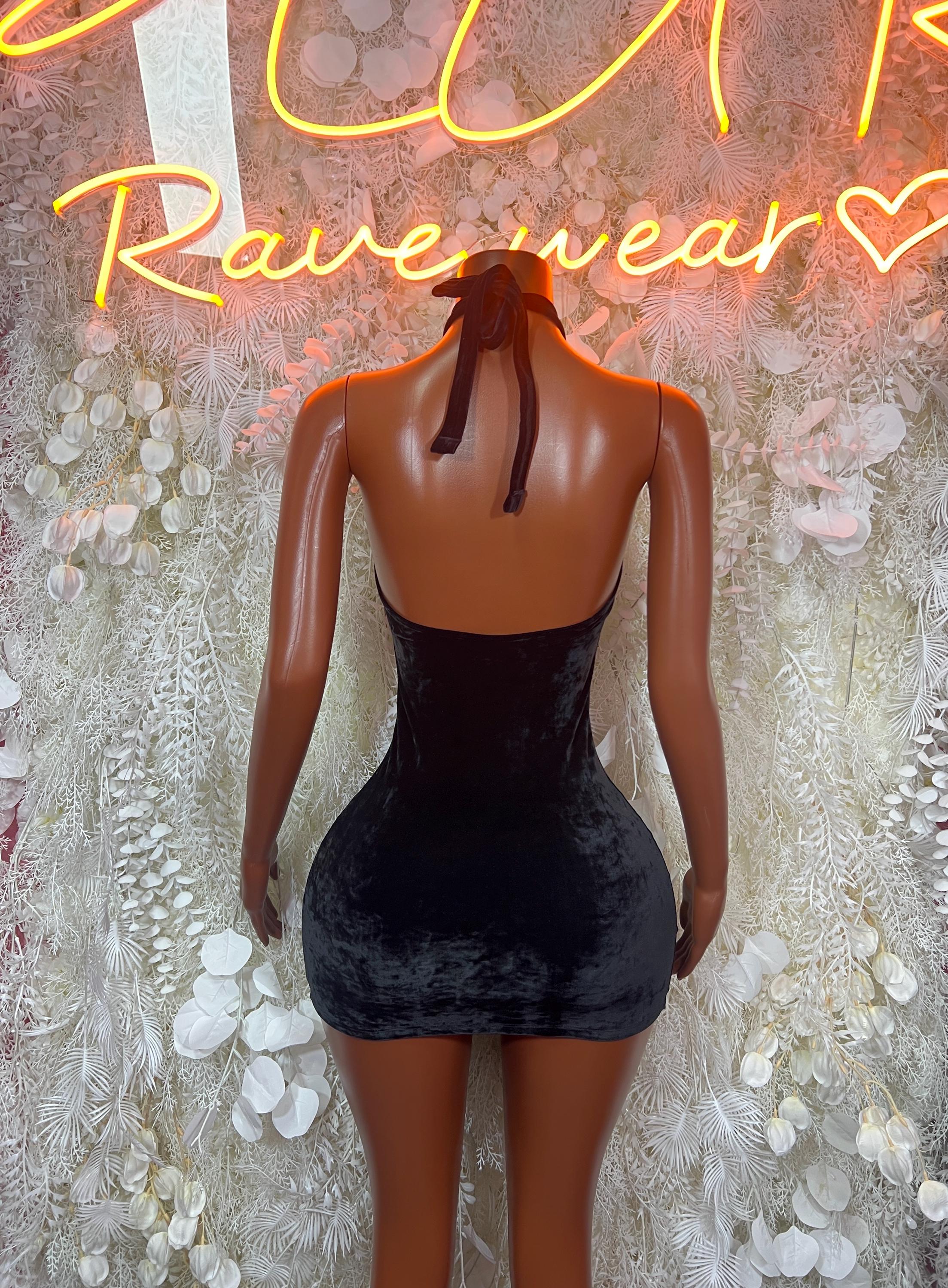 Black velvet halter bodycon mini dress with open back and back strap detail