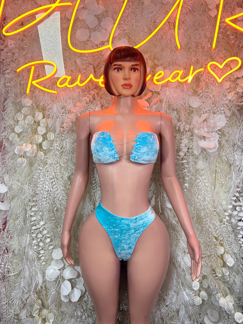 Light blue two-piece bikini set with sparkly bandeau bra and high-cut bottoms
