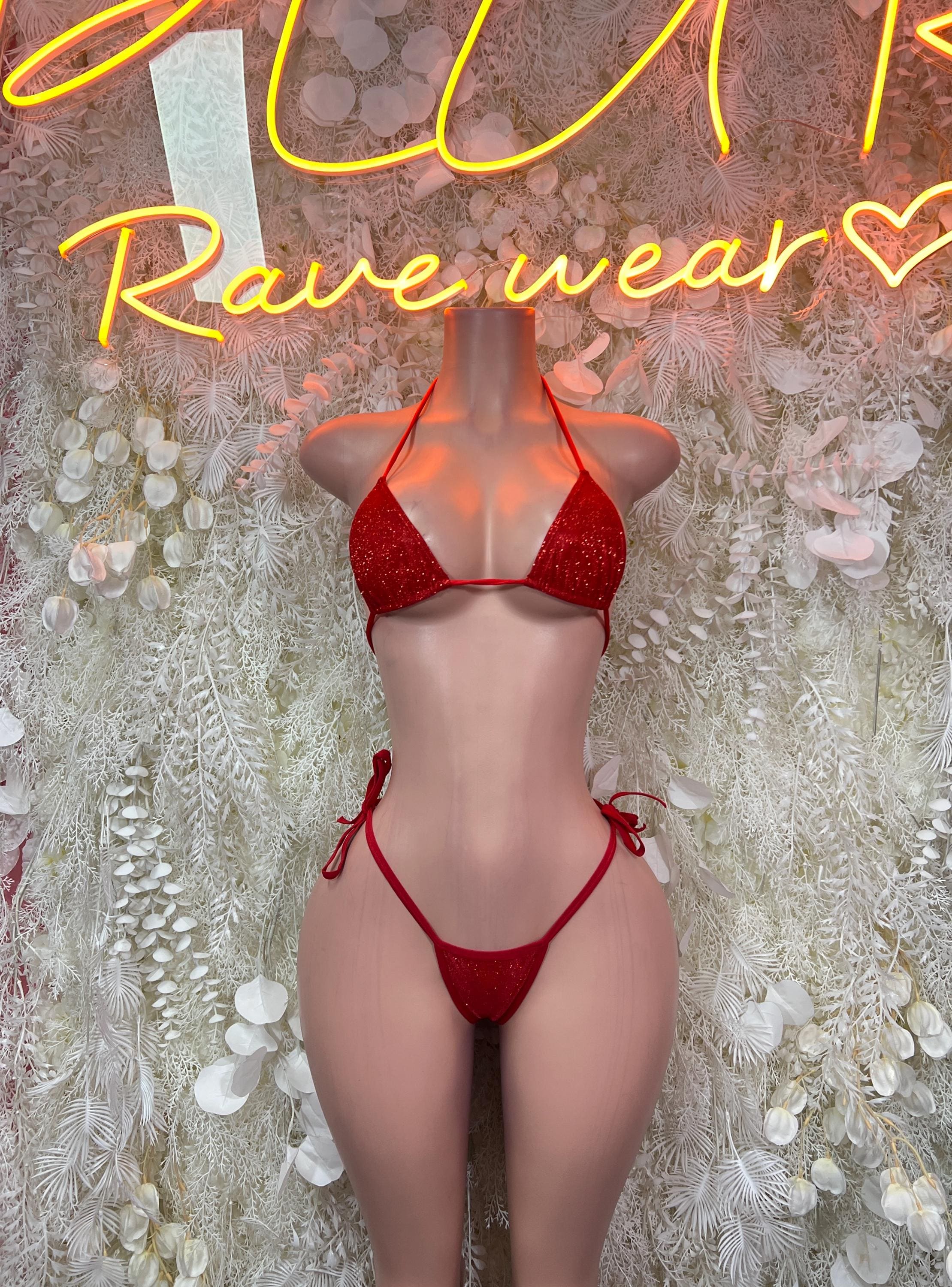 Red glitter bikini set with triangle cups and bow-tie string bottoms