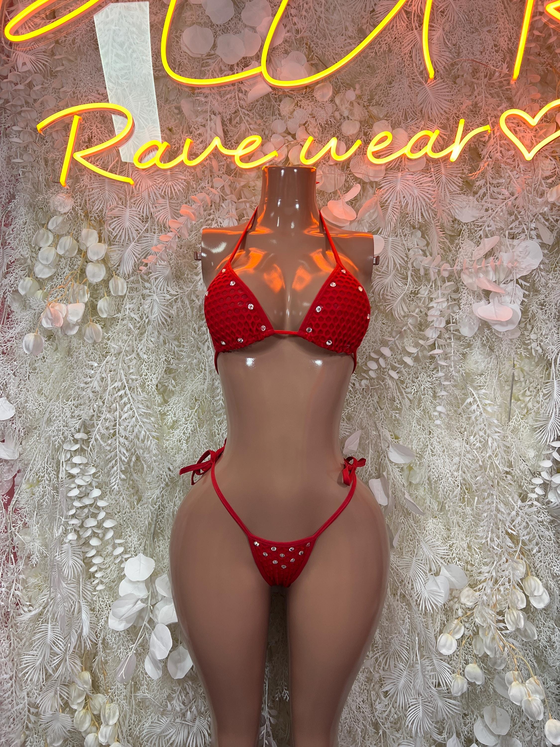 Red rhinestone triangle bikini top and matching tie-side bottom set