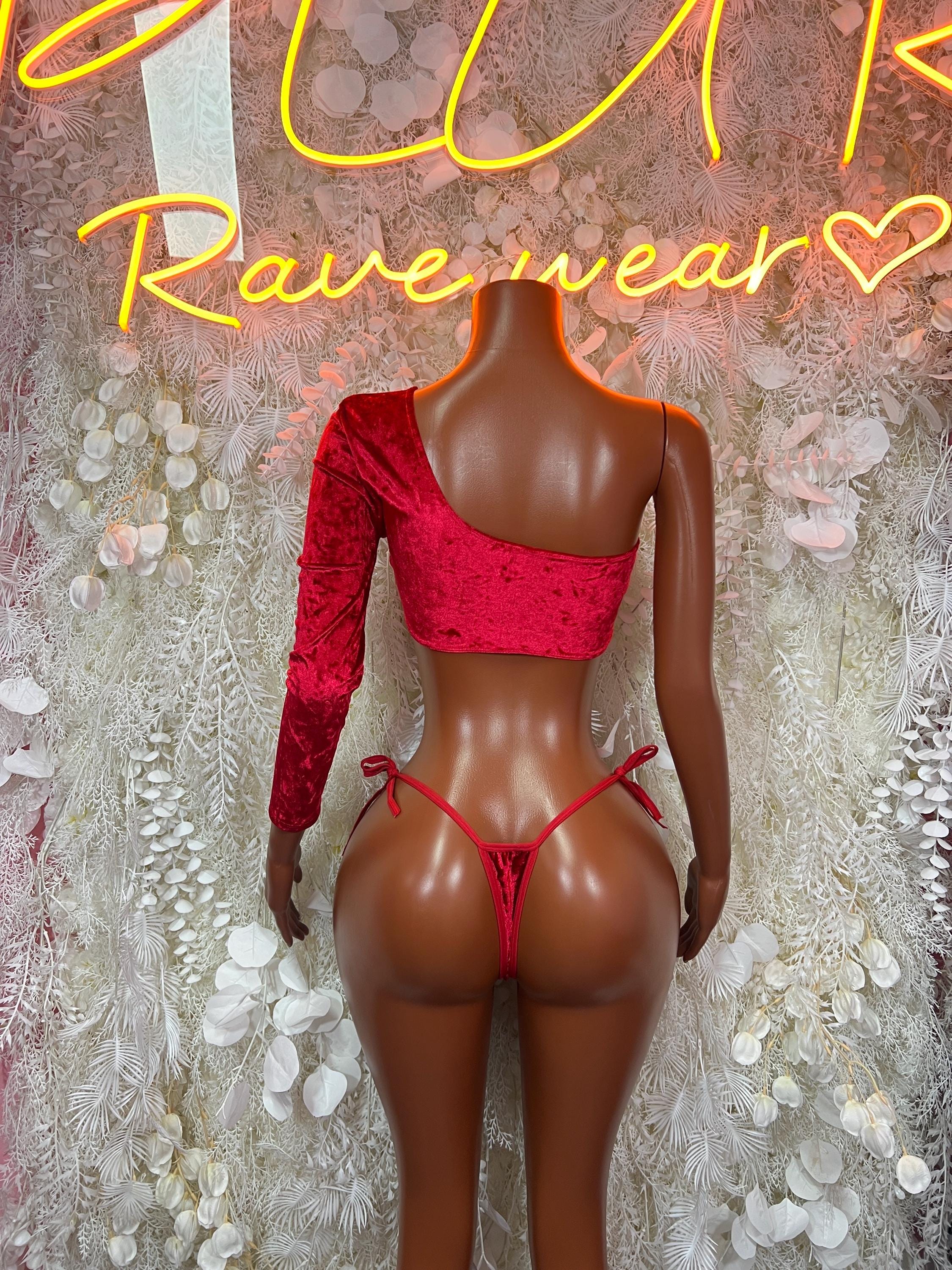 Red velvet backless cropped bra and matching string thong bottom