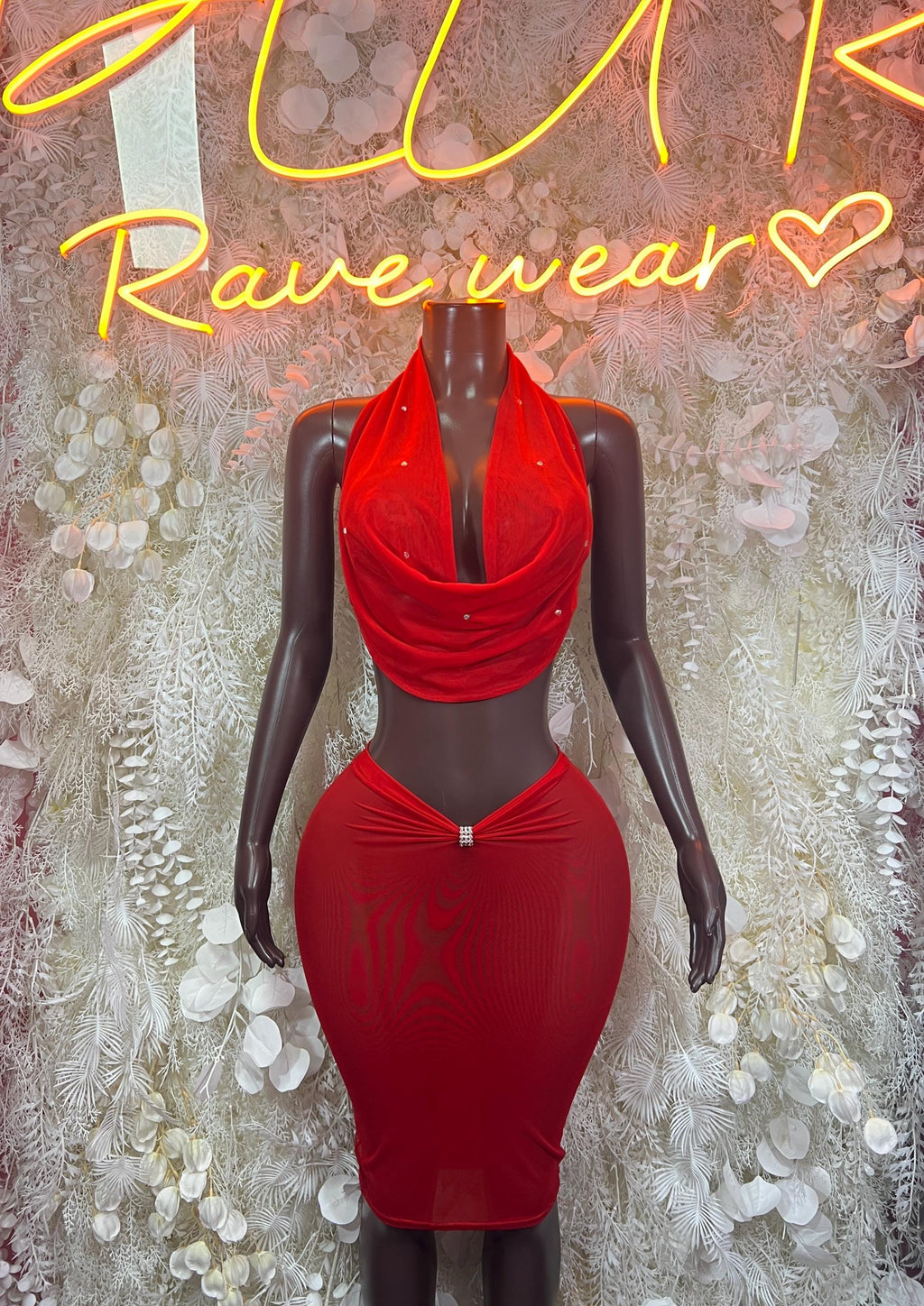 Red one-piece rave dress with draped cowl neckline and fitted pencil silhouette