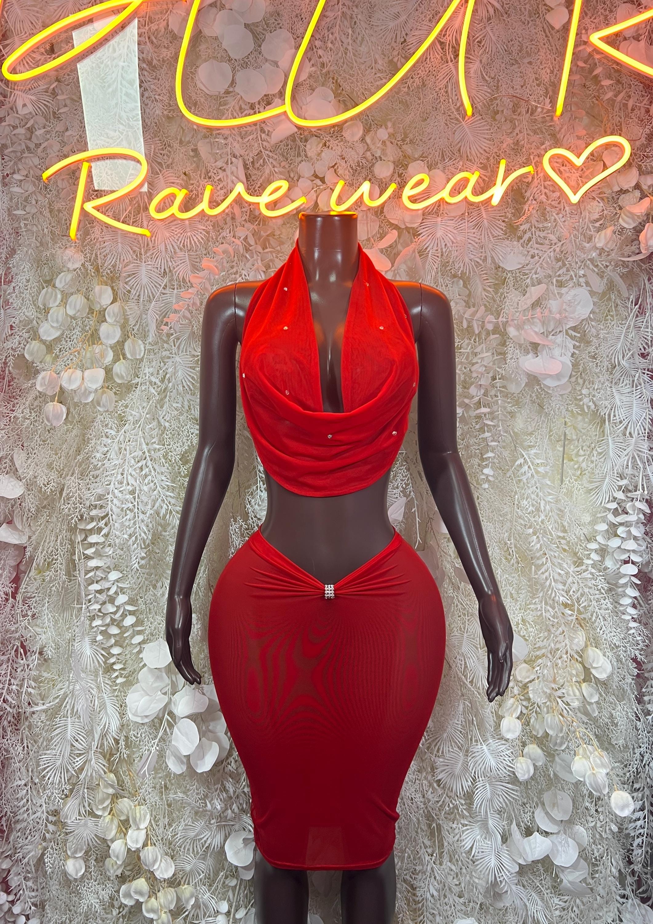 Red one-piece rave dress with draped cowl neckline and fitted pencil silhouette