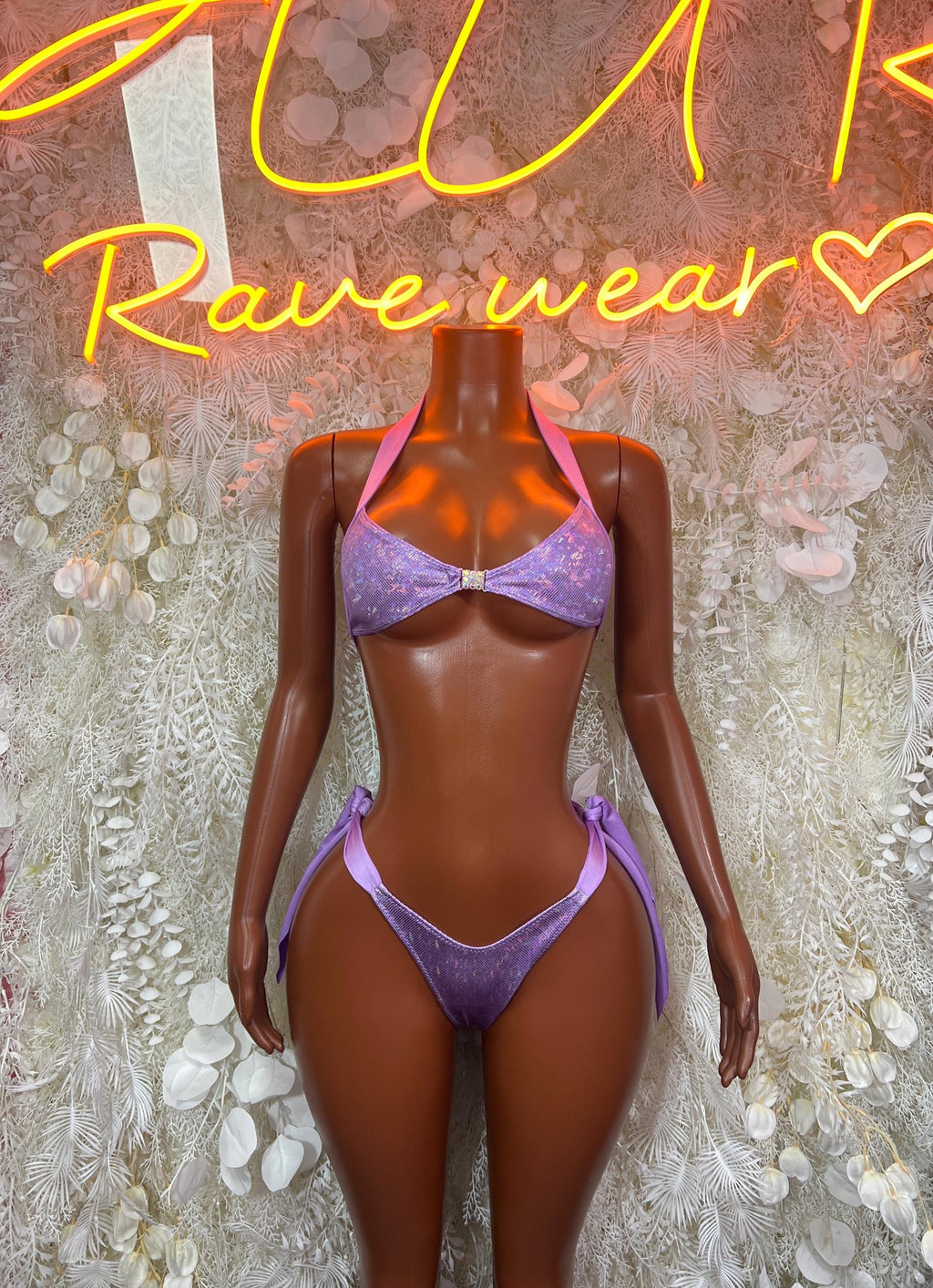 Purple metallic triangle bikini set with halter bra and tie-side bottoms, front view
