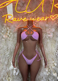 Purple metallic rhinestone bikini set with tie triangle top and string side bottoms