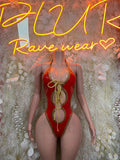 Red Latex Bodysuit - Rave Outfit Exotic Dancewear Clubwear Bottle Girl Bodysuit Costume