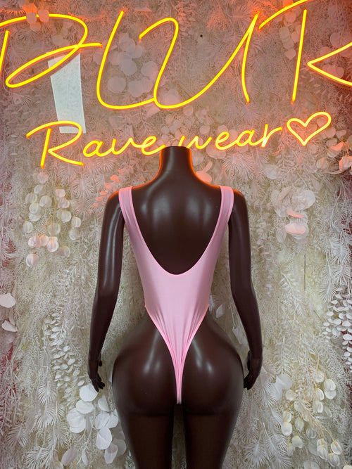 Pink backless bodysuit with deep V back and thong-style bottom