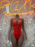 Red one-piece bodysuit with lace-up chest and halter neckline