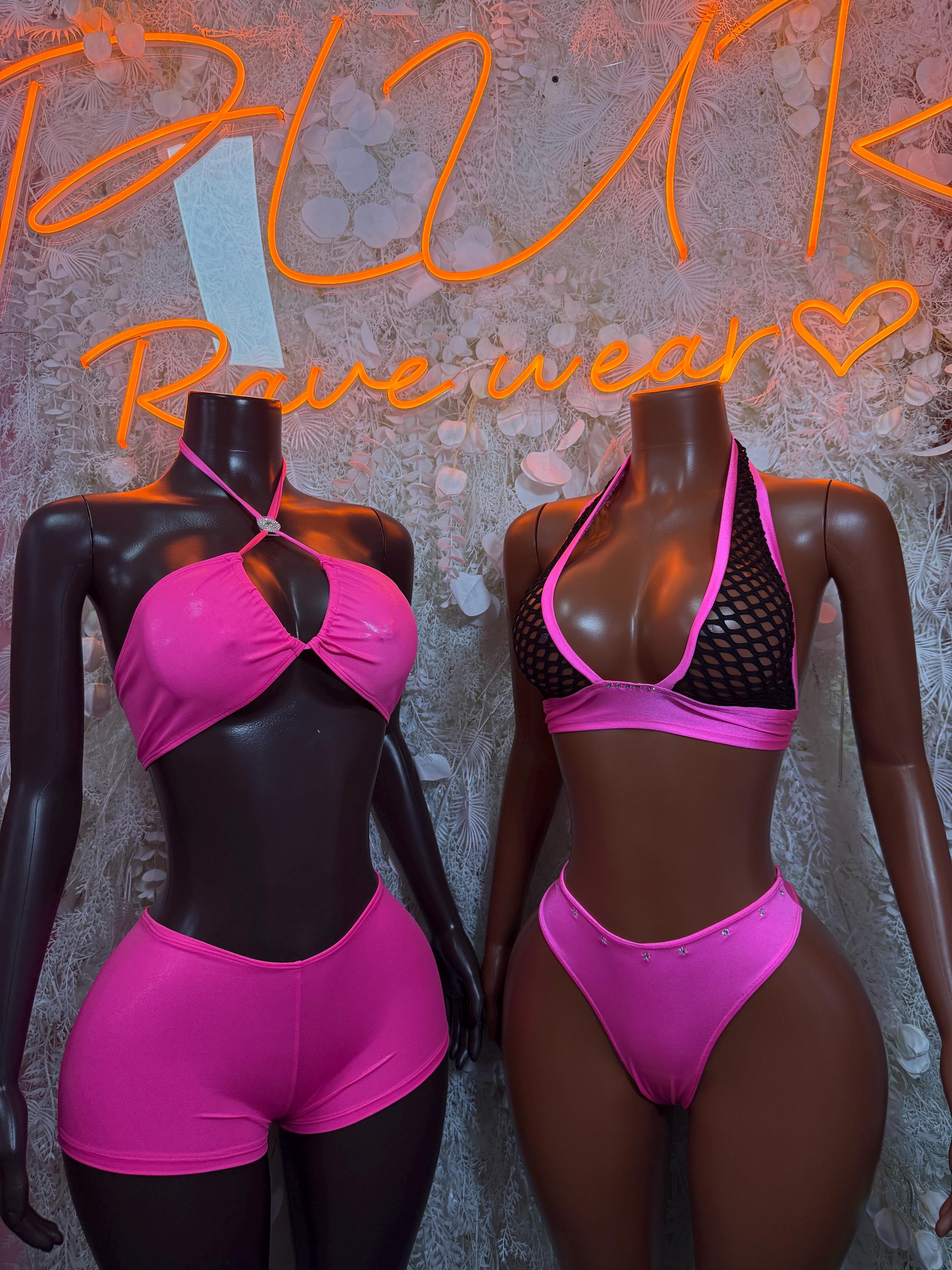 Pink two-piece set with black mesh accents: halter bra and high-cut bottoms