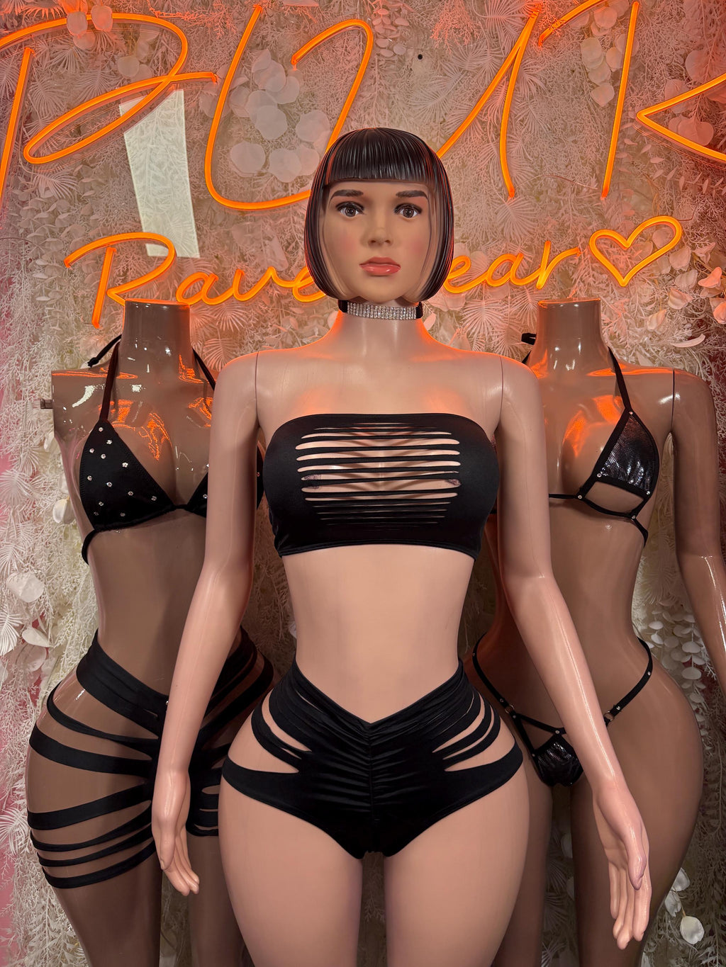 Black strappy two-piece dancewear set with striped bandeau bra and high-waist bottoms