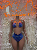 Blue metallic two-piece dancewear set with bandeau top and high-rise bottoms