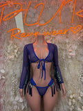 Navy blue two-piece dancewear set with sheer long sleeves and fringe ties, front view