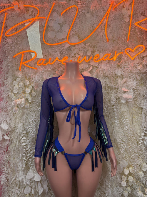 Navy blue two-piece dancewear set with sheer long sleeves and fringe ties, front view
