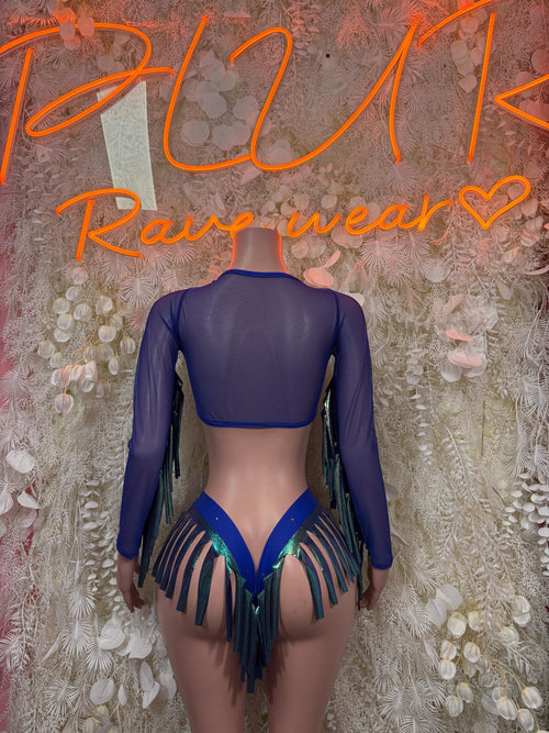 Navy blue two-piece dancewear set with sheer long sleeves and back ties, back view