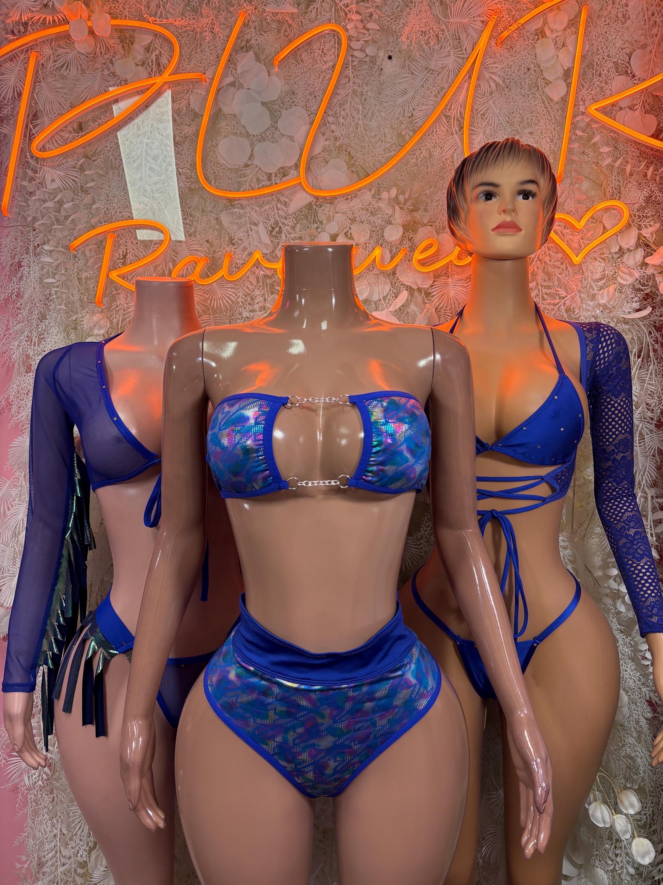 Blue two-piece dancewear set with long sleeves, patterned bra and high-cut lace-up bottoms