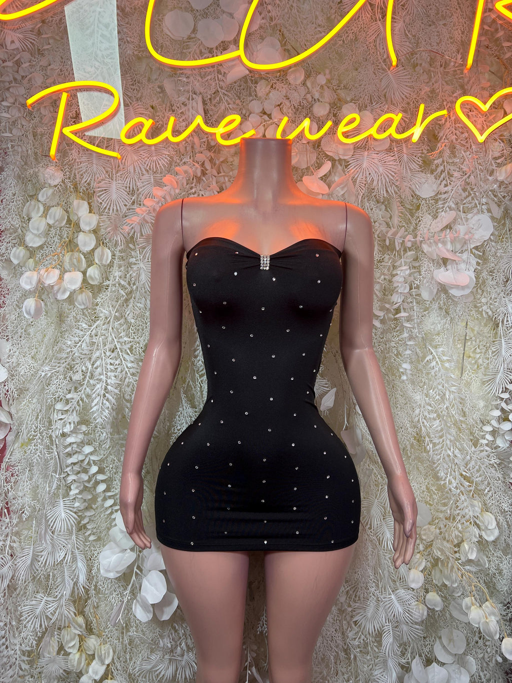 Black strapless mini dress with sweetheart neckline and rhinestone sparkle details