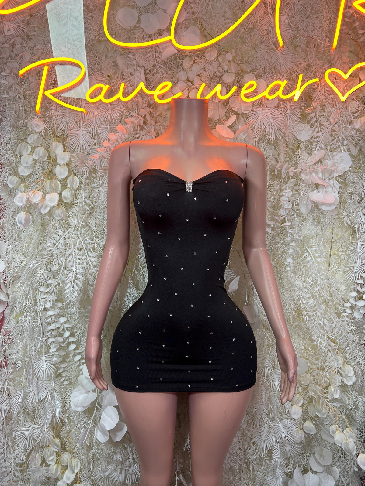 Black strapless mini dress with sweetheart neckline and rhinestone sparkle details