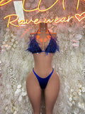 Blue feather-fringe bikini set with triangle top and thong bottom