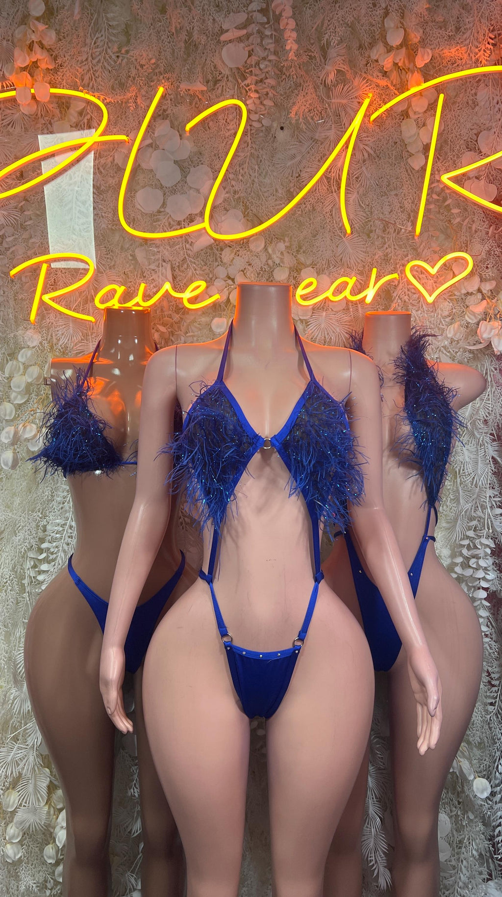 Blue fringe pole dance bodysuit with deep V front and feather trim, strappy back