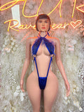 Royal blue fringe halter bodysuit with open back and V-neck detail