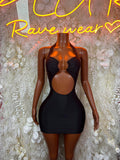 Black mini rave dress with halter straps and oval chest cutout