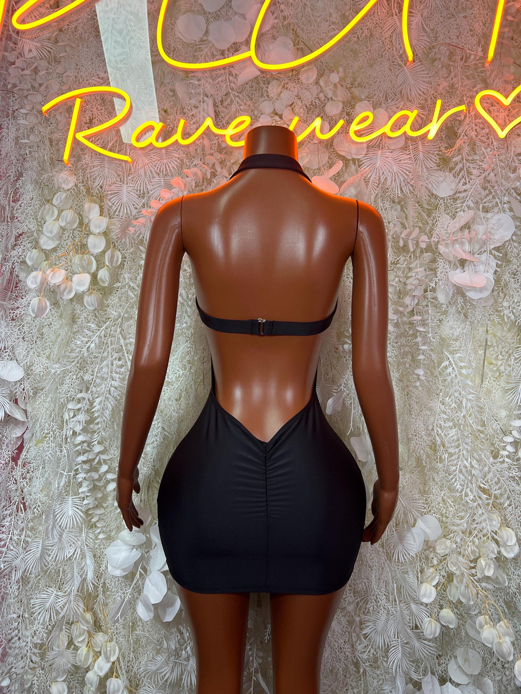 Black backless mini rave dress with crisscross back straps