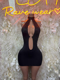 Black halter mini dress with keyhole cutout and metal ring detail at chest