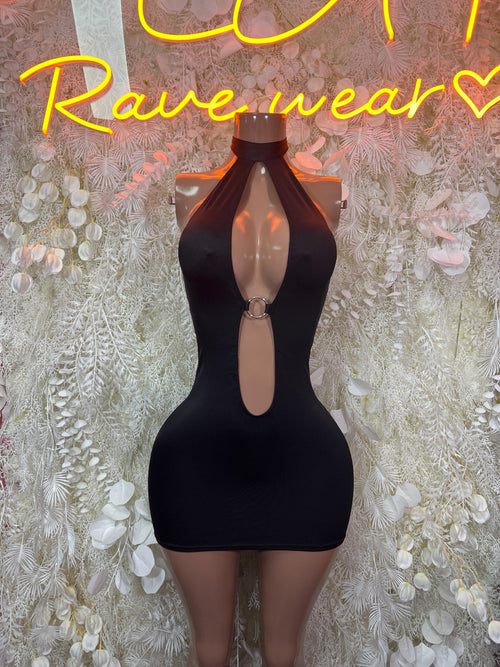 Black halter mini dress with keyhole cutout and metal ring detail at chest