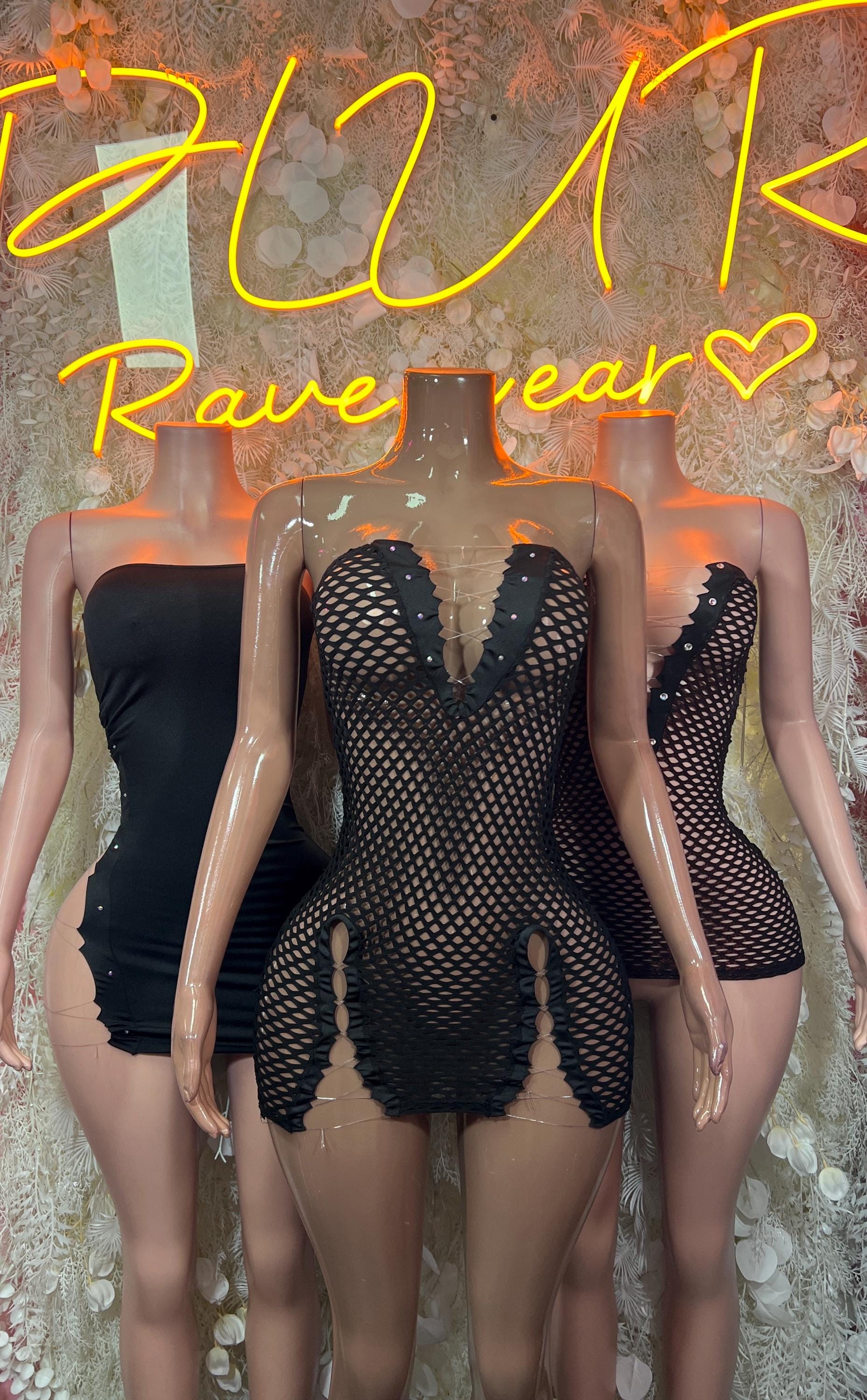 Black fishnet mini dress with deep V neckline, front view on mannequin