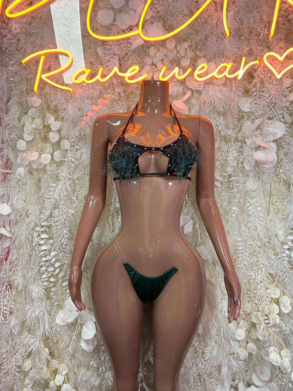 Emerald green feather-fringe bikini set, sparkly glitter trim, two-piece.