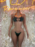 Emerald green feather-fringe bikini set, sparkly glitter trim, two-piece.