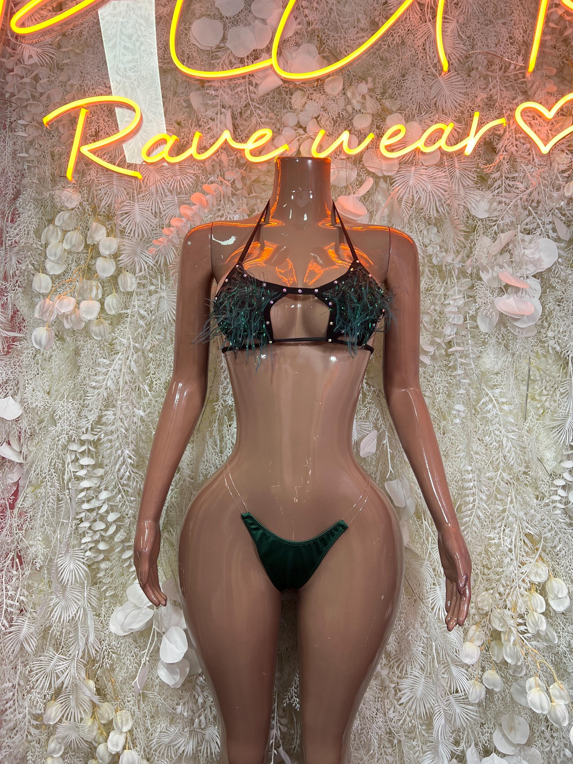 Emerald green feather-fringe bikini set, sparkly glitter trim, two-piece.